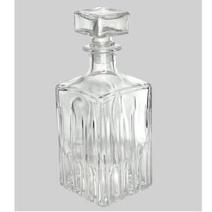 Italian Glass Decanter Bottle Square Italy Mark Stopper Lid Cut Lines 10" Clear